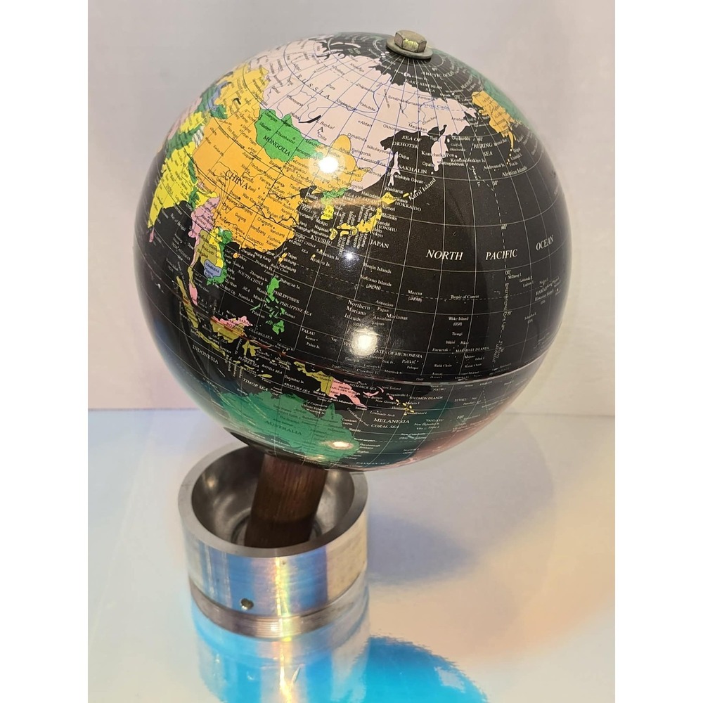 Vintage Black World Globe Desk Decor Metal Base Geographic Atlas Style Used